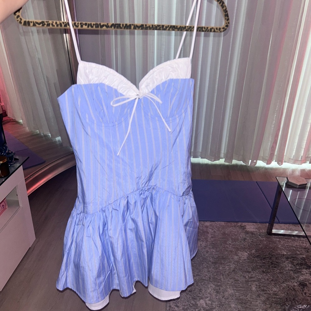 Blue and White Striped Corset Mini Dress with Sweetheart Neckline